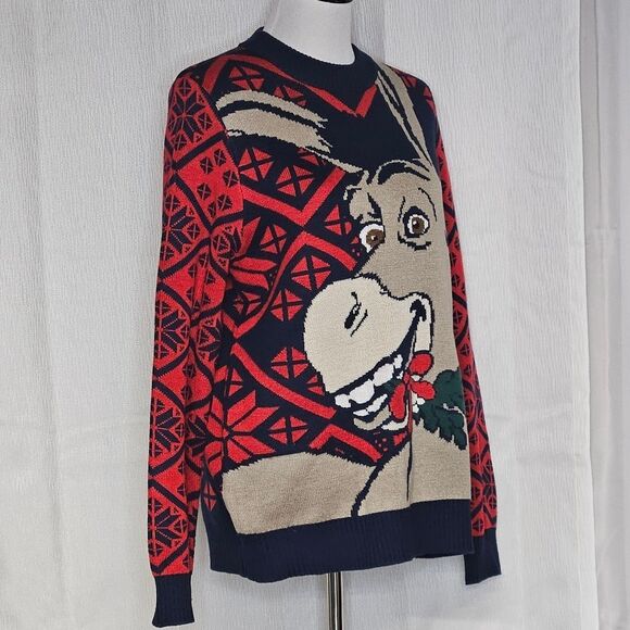 Tipsy Elves 2015 Shrek Donkey Navy Blue & Red Fair Isle Knit Christmas Sweater - Picture 5 of 13